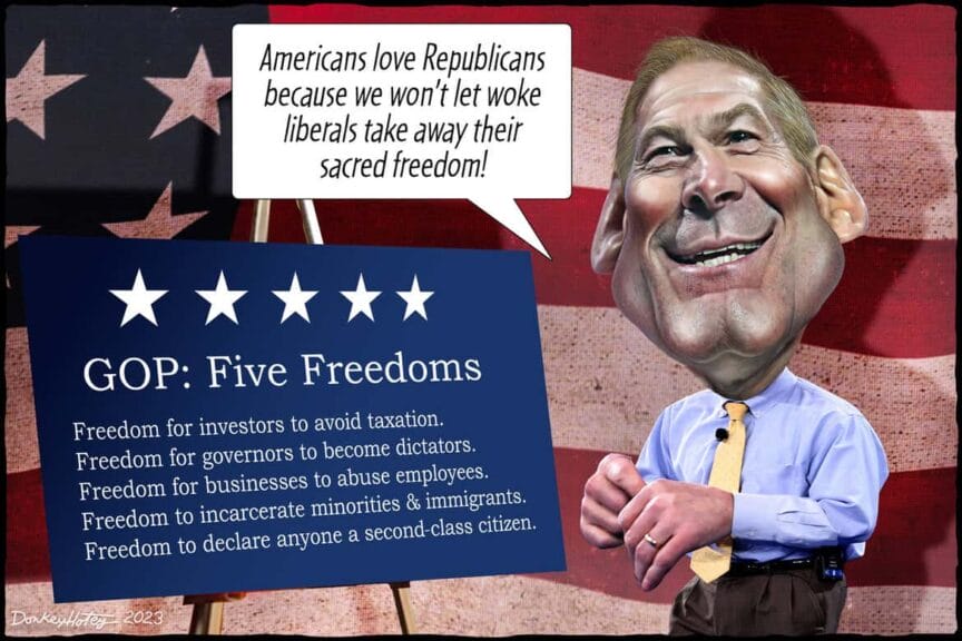 Cpac caricature of jim jordan showing what gop calls freedoms