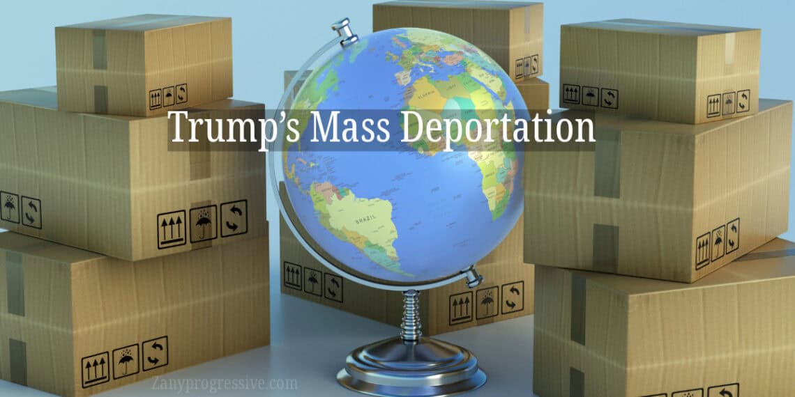 Trump mass deportation news graphic. Globe with piles of cardboard moving boxes around it