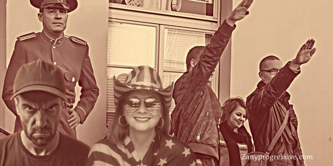 Maga man and woman with neo-nazis saluting in the background