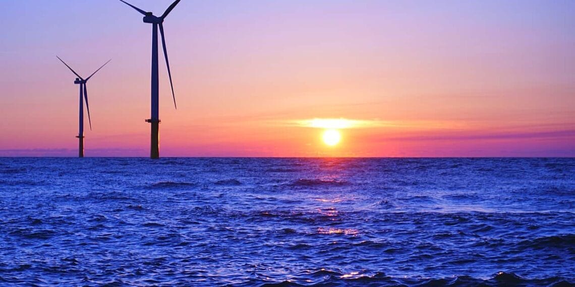 Offshore wind farms photographed at the port of noshiro at sunset
