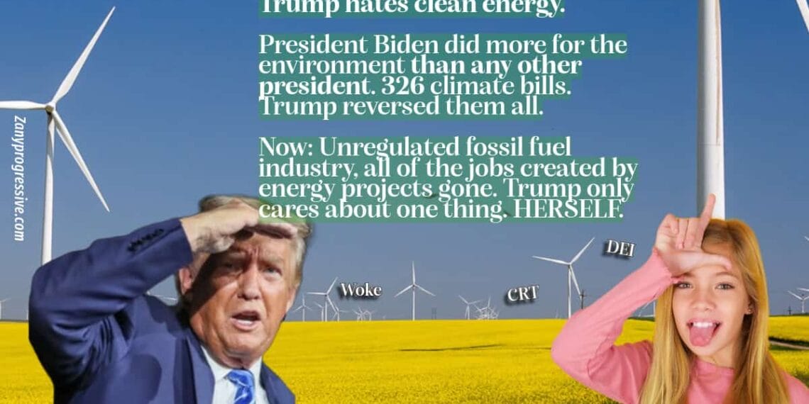 Donald trump in a field of windmills with a little girl beside him making the loser sign with her hand on her forehead.