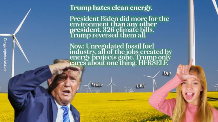 Donald trump in a field of windmills with a little girl beside him making the loser sign with her hand on her forehead.