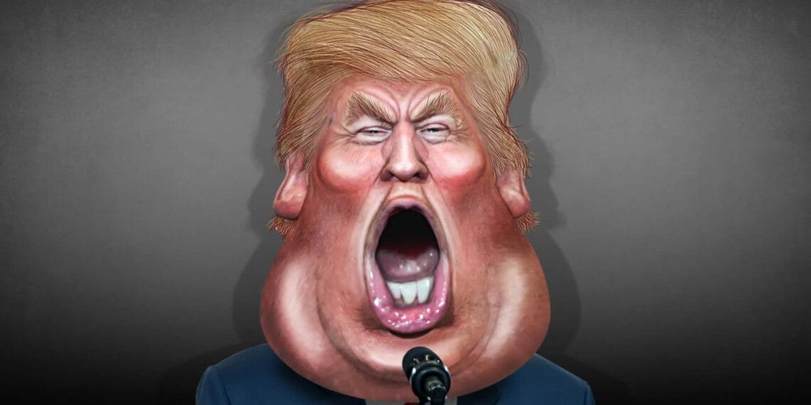 Caricature of donald trump with a big open mouth
