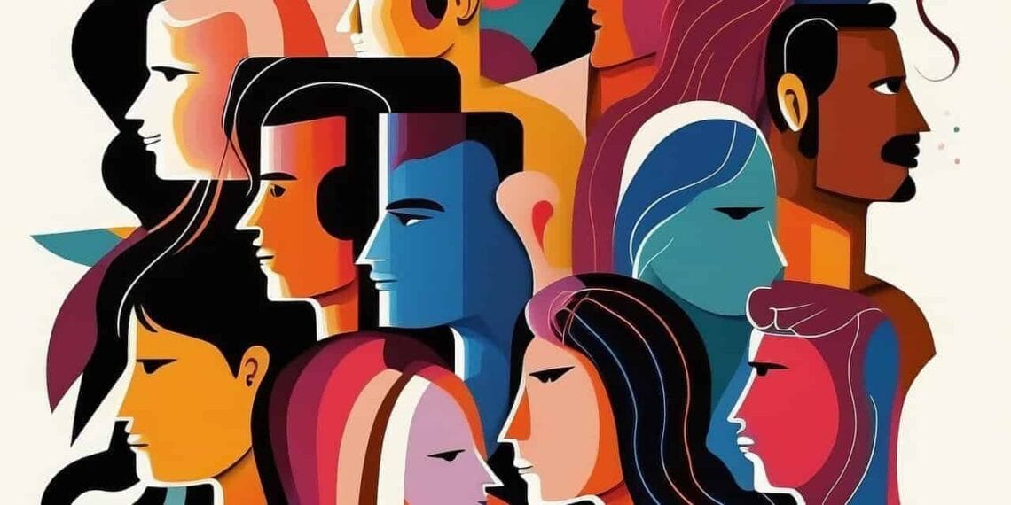 Illustration of many outlines of people in many different colors