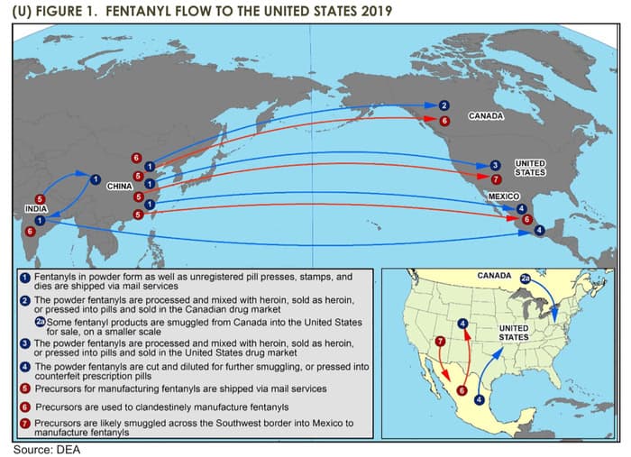 Map showing the flow of fentanyl into the u. S. From other countries