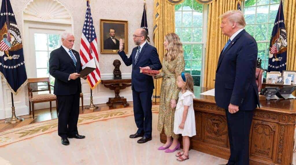 Russell vought being sworn in during the first trump administration