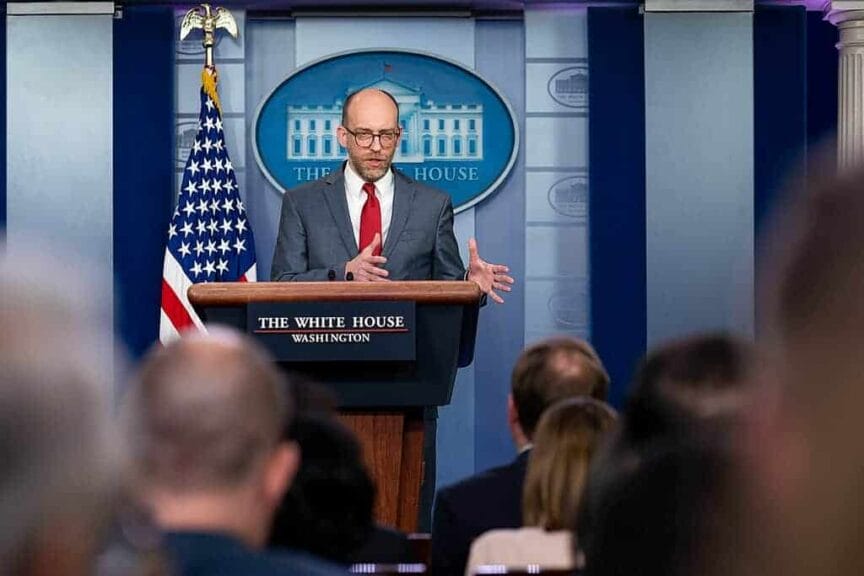 Russell-vought-briefing Russell vought at a white house press briefing in 2019