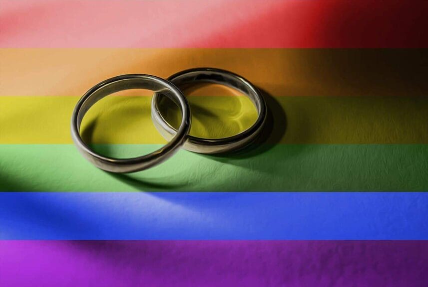 Same-sex-marriage Anti-lqbtq+ policies harm the health of all americans wedding rings on a rainbow flag background