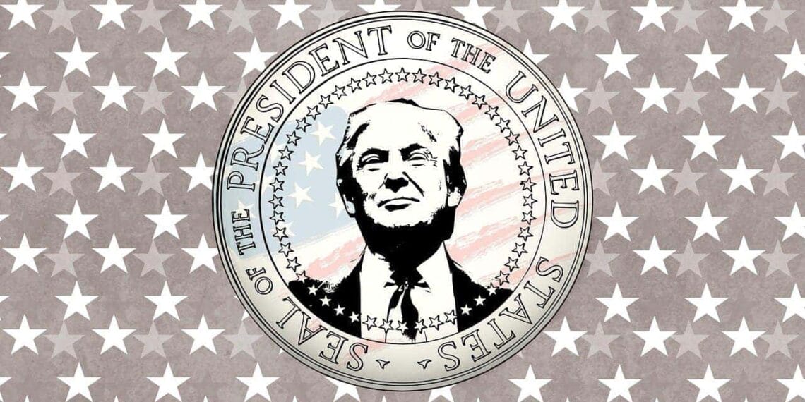 Illustration of trump’s face on the u. S. Presidential seal