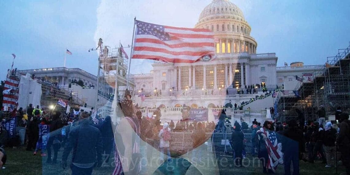 Capitol riots scene in the background with donald trump’s portrait as overlay