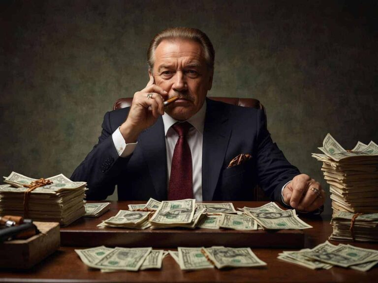 Politician sits at a desk with stacks of money on it