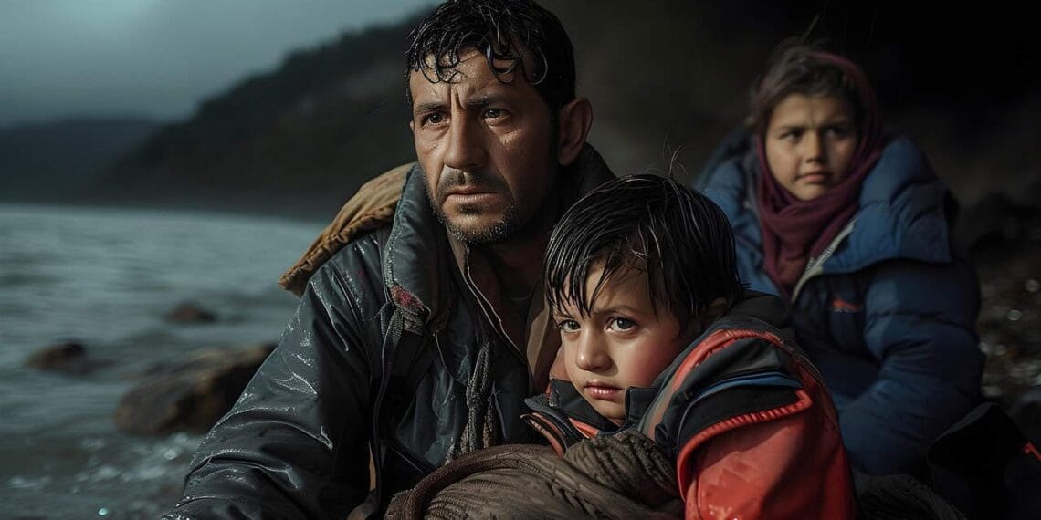 Immigrant family on a boat at sea