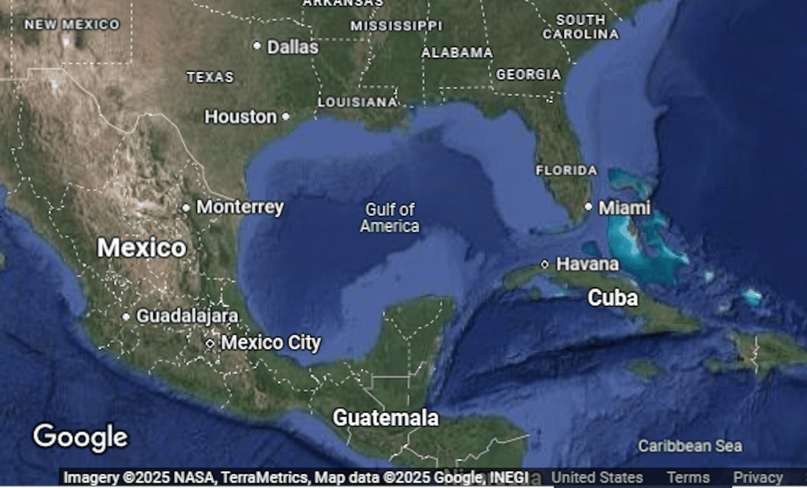 Google maps showing gulf of america