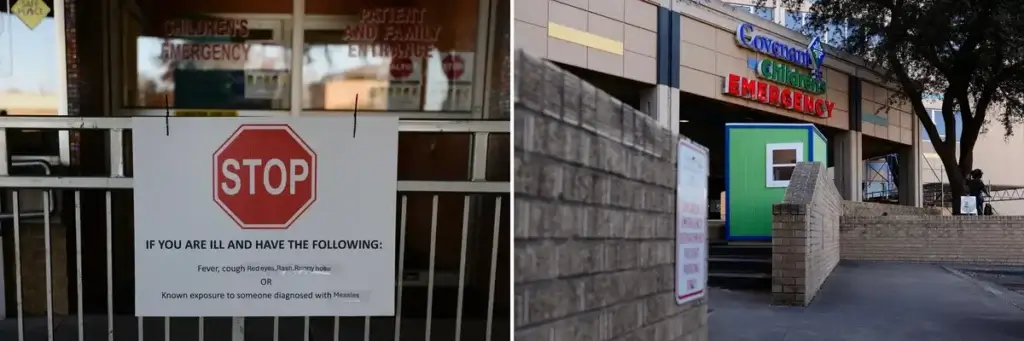 A sign, pictured on the left, reads, "stop if you are ill and have the following: fever, cough, red eyes, rash, runny nose or known exposure to someone diagnosed with measles," outside of covenant children's hospital in lubbock on feb. 26, 2025. The hospital added a green shed by the emergency entrance to screen for measles, pictured on the right.