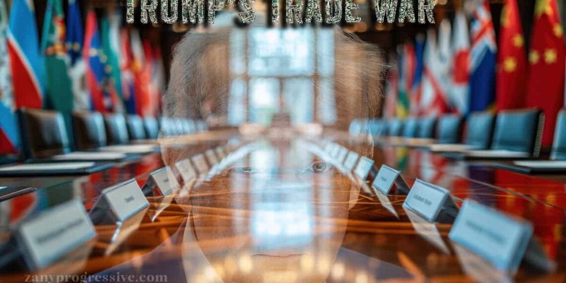 World meeting table with teump’s face superimposed on the photo