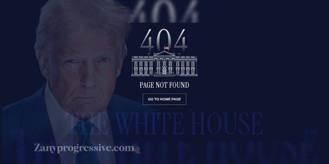Official 404 page of the white house website with trump’s official portrait blending into it.