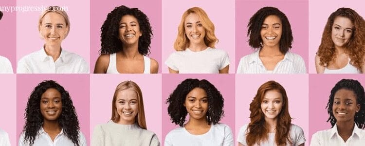 A collage of women's faces on a background of various shades of pink