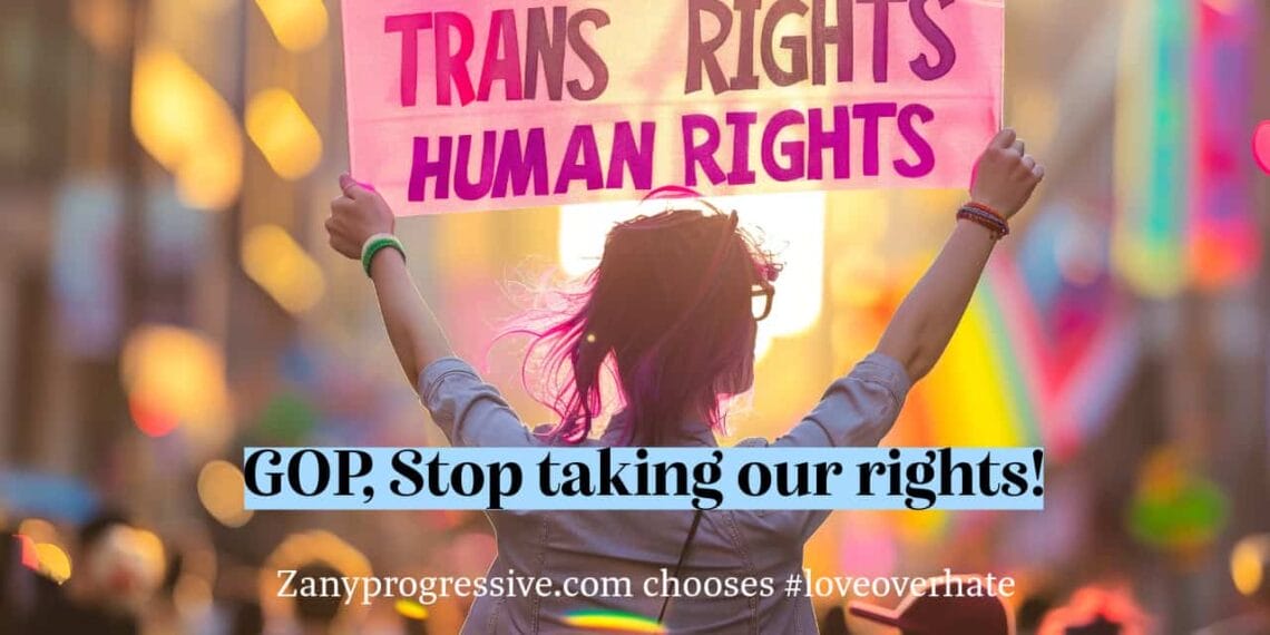 Woman holding a sign that says, trans rights are human rights