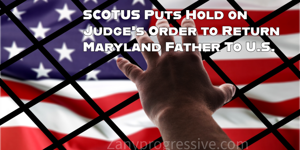 Kilmar abrego garcia represented by a man’s arm reaching towards the american flag from behind a fence.