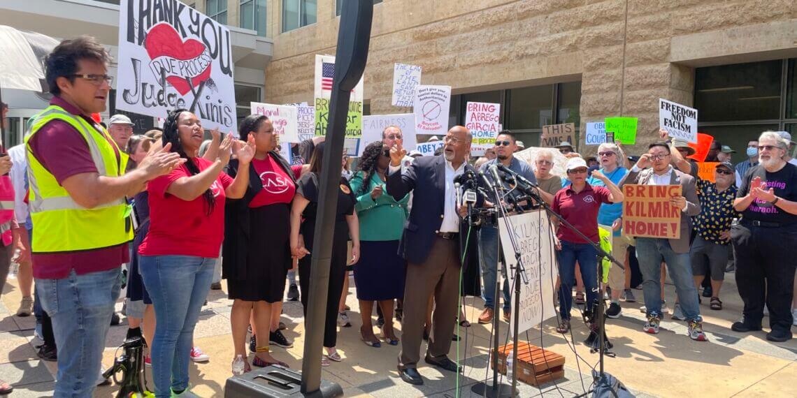Protestners gather outside the court of judge paula xinis