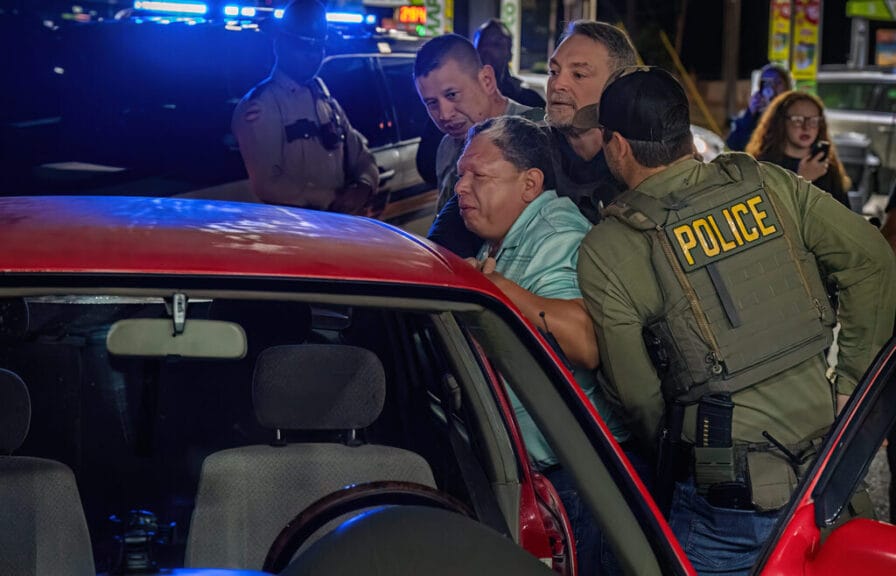 Agents push a man against his car during one of the ice traffic stops in nashville.