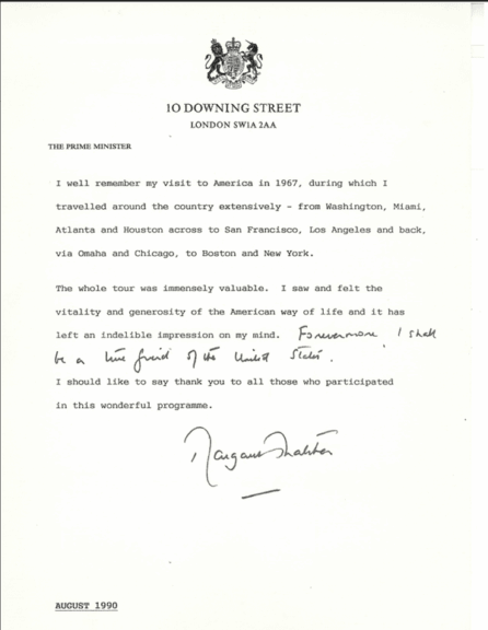 Letter from uk prime minister margaret thatcher
