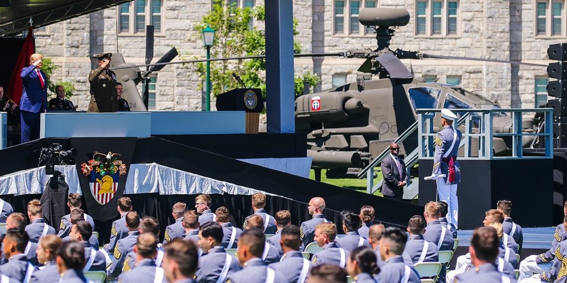 Trump giving a commencement speech at west point in 2020.