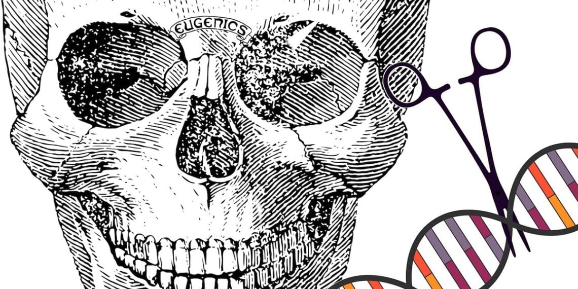 Eugenics: illustration of a skull and surgicalscissors cutting a strand of dna