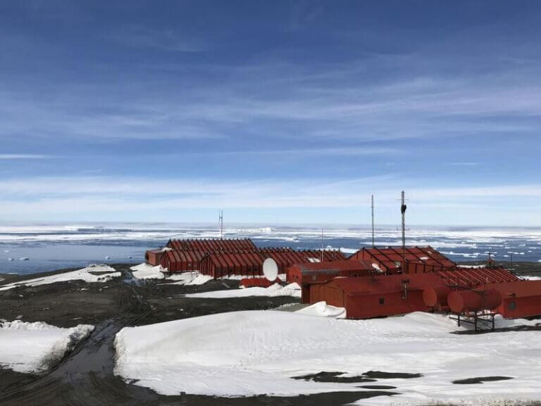 Penguin guano research lab in antarctica