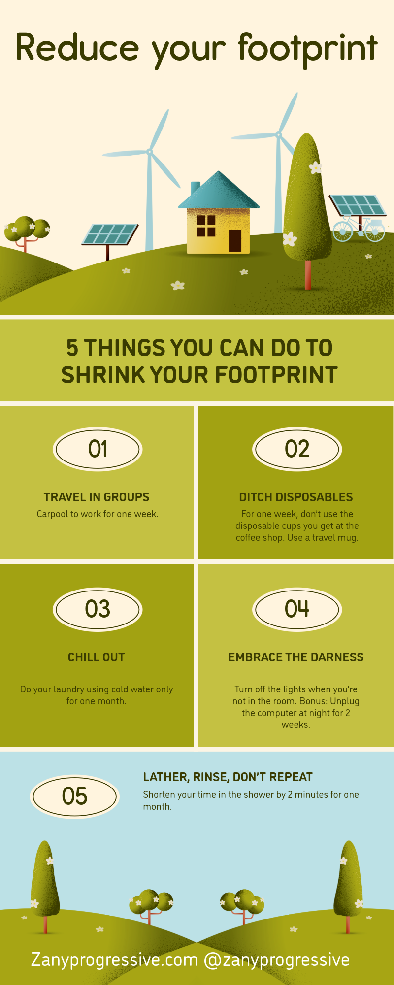 Infographic of 5 things you can do to decrease the size of your carbon footprint.