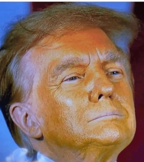 Closeup of trump: some of his bronzer makeup came off with sweat or wasn't applied/blended correctly.