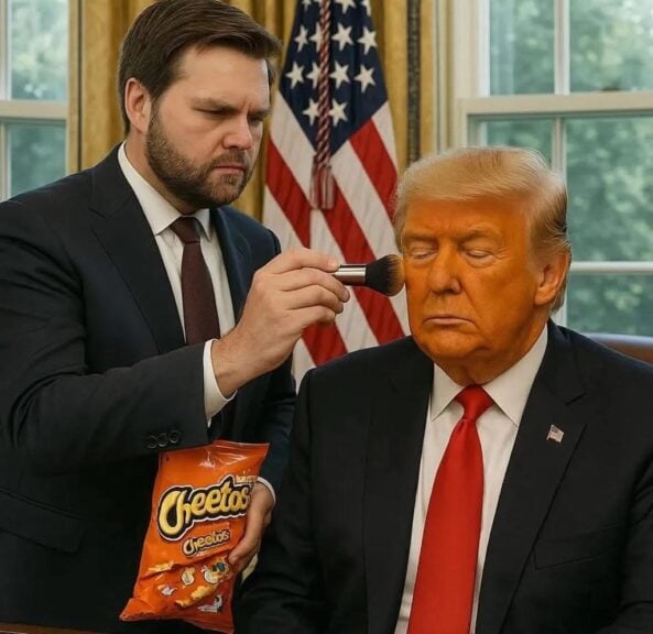 Autistic makes him superhuman vance applying cheeto dust as bronzer to trump’s face with a makeup brush (ai-generated image)