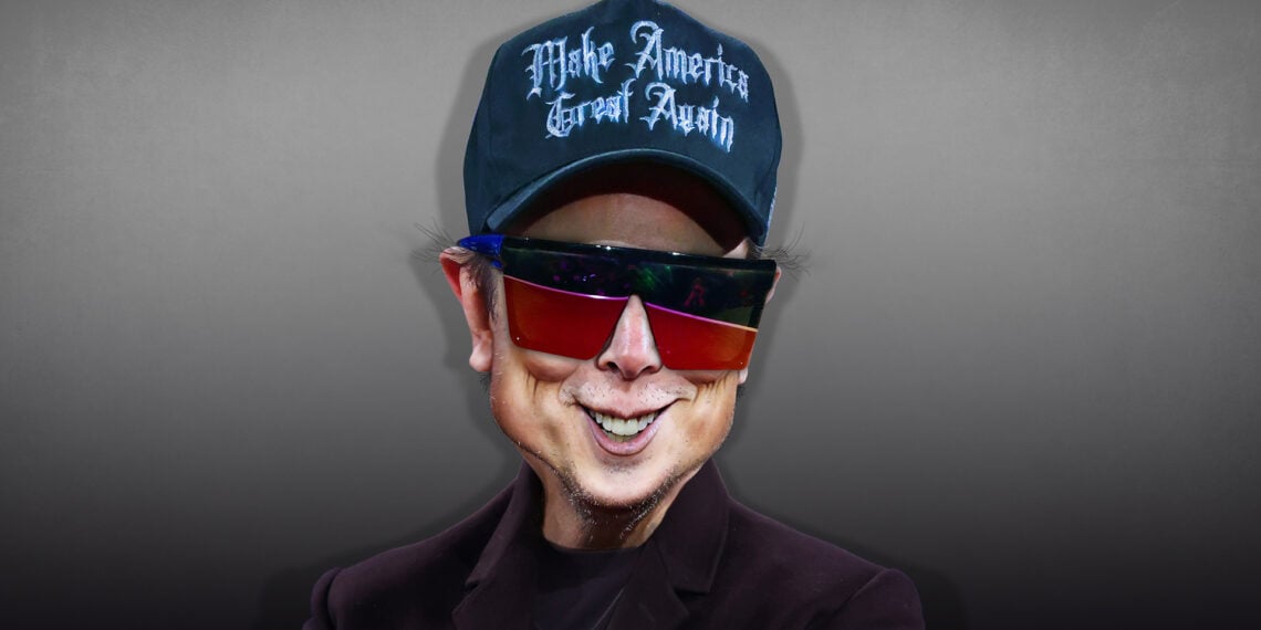 Caricature of elon musk in hat and sunglasses