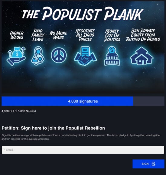 Big fugly bill screenshot of the populist plank petition page